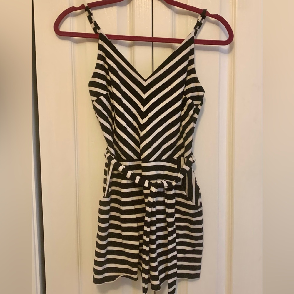 Flattering MONTEAU Black White Striped Women's romper onesie vaca summer travel